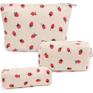 3 Pcs Makeup Bag Cosmetic Bag Set for Girls Women Travel Organizer Bathroom Toiletry Pouch Large Capacity Storage Bag (Strawberry Beige)