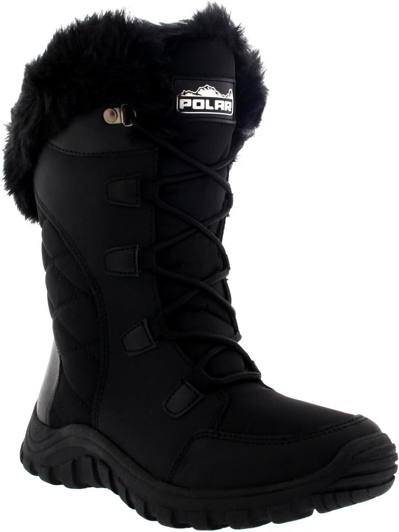 POLAR Womens Quilted Faux Fur Cuff Winter Duck Rubber Sole Durable Snow Rain Outdoor Boots (8, Black)