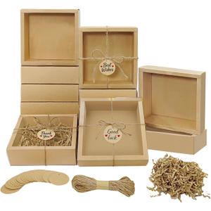 Corsiampoo 30 Sets Drawer Kraft Cardboard Boxes, 6.5 x 6.5 x 2 Inches Gift Boxes with Window, Homemade Soap Box with Blank Tags,Jute String and Raffia, Ideal for Cookie, Candy, Party Favors