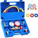 Orion Motor Tech 3 Way AC Diagnostic Manifold Gauge Set for Freon Charging, Fits R134A R12 R22 and R502 Refrigerants, with 3FT Hose, Tank Adapters, Quick Couplers and Can Tap