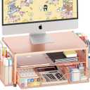 Desk Organizers and Accessories, 2-Tier Computer Monitor Stand with Drawer and 2 Pen Holders, Office Desk Accessories for Office Supplies, Rose Gold
