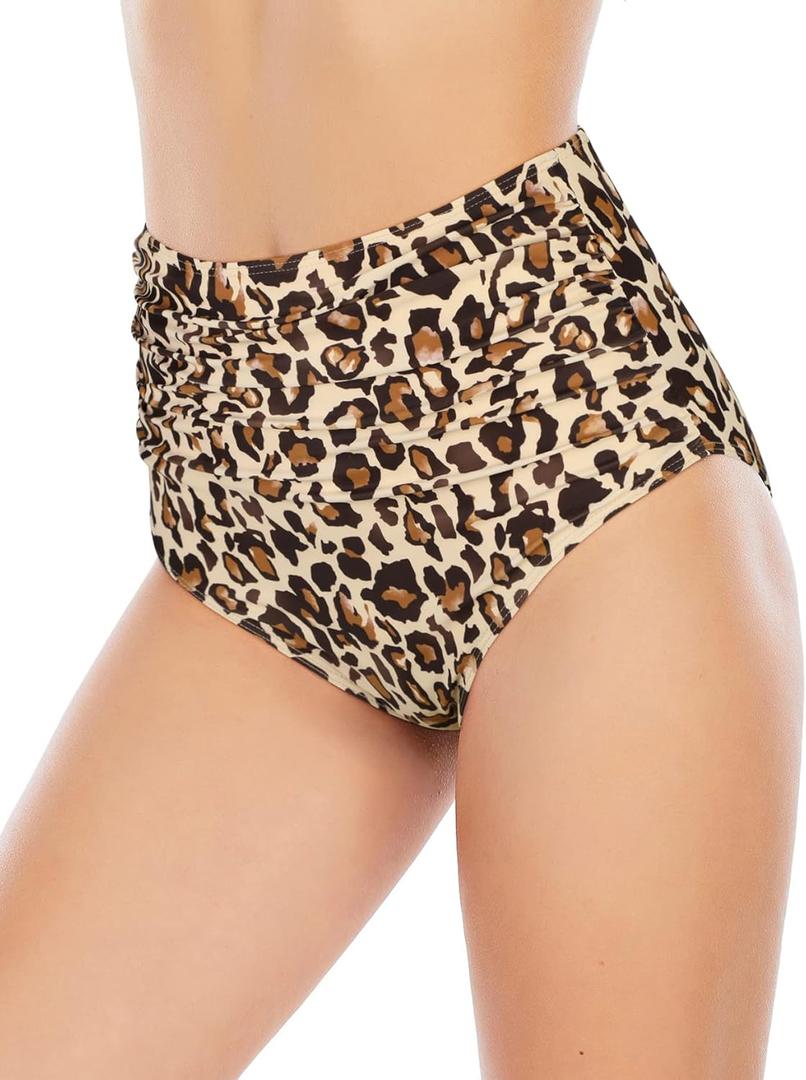 American Trends High Waisted Bikini Bottoms Ruched Tummy Control Swim Bottom Bathing Suits for Women (Beige)