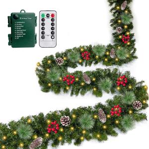 Remote Control - 18FT Long Prelit Outdoor Christmas Garland 100 Warm White & Colorful Lights Timer 8 Modes Thick 460 Branches 15 Pinecone 165 Berry Christmas Cedar Garland for Stairs Porch Front Door
