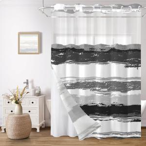 No Hook Shower Curtain and Liner Set, Black and White Striped Hotel Shower Curtains for Bathroom, Minimalist Waterproof Bathroom Curtain Sets with Snap in Liner Mesh Top Window, 71x74 Inch