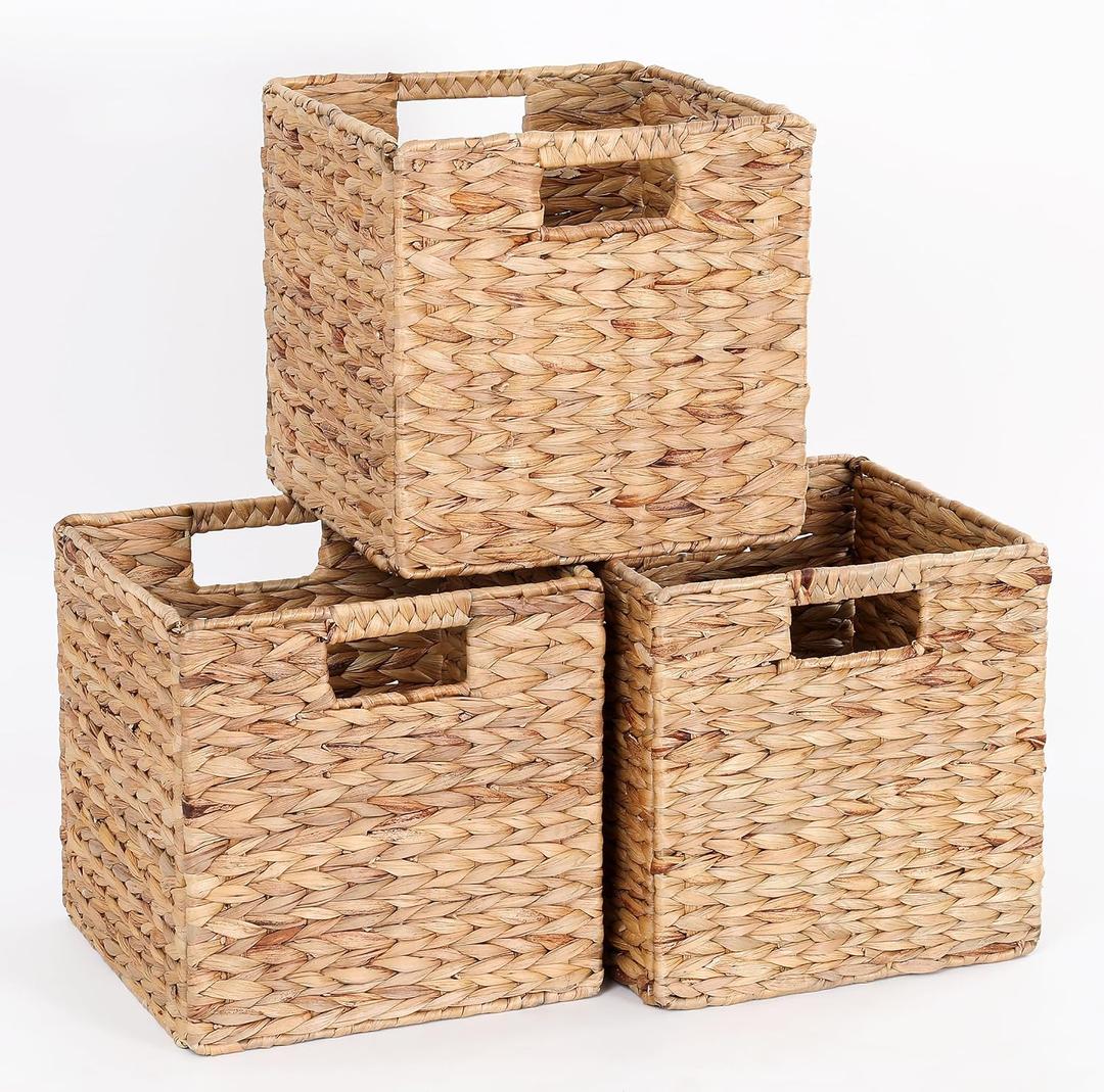 11x11x11in Water Hyacinth Storage Baskets, 11 Inch Cube Storage Bins, Woven Baskets for Storage, Wicker Storage Basket for Shelves Set of 3