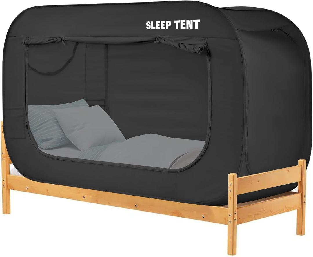 Bed Canopy Bed Tent Dream Tents Privacy Space Twin Size Sleeping Tents Indoor Pop Up Portable Frame Curtains Breathable with Mosquito Mesh Window for Kids and Adult (Mattress Not Included) Black, 74.8"L x 39"W x 47.24"H
