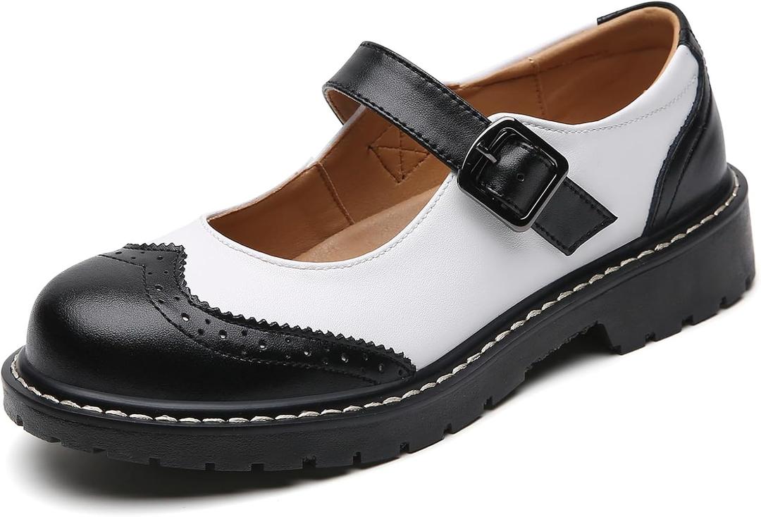 XMM Mary Jane Shoes Women Mary Janes Flats Ladies Oxford Shoes for Women Comfort Leather Round Toe Non-Slip Dressy Casual Cute Girls School Work Shoes (8, Black/White)