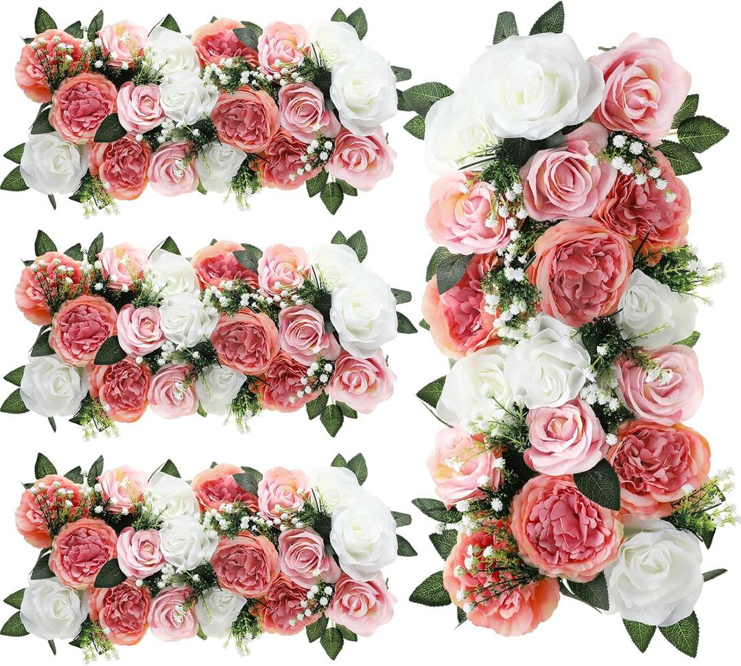 4 Pcs Wedding Arch Artificial Flower Panels Faux Floral Rose Silk Roses Arrangements Flower for Wedding Wall Tables Party Dinintable Centerpiece Decoration (Pink and White)