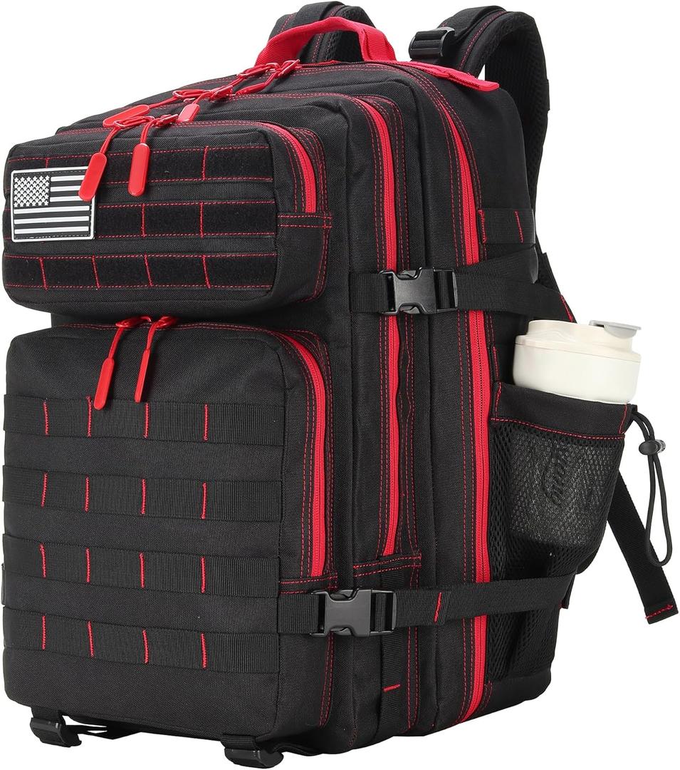 45L Military Tactical Backpacks 3 Days Assault Pack Bag Fitness Rucksack Bug Out Bag Hiking Treeking (Black&red)