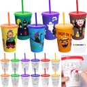 12 pcs Halloween Cups with Lid Reusable 16 Oz Plastic DIY Color Your Own Tumbler with Lid and Straw & 12 Color Watercolor Pens for Themed Party Birthday Classroom Exchange Gift