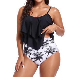 Womens Tankini Swimsuits High Waisted Bathing Suits Tummy Control Ruffled Top Swimwear Two Piece Swimming Suits 02 Black White 6-8