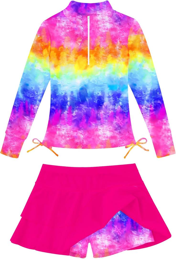Vogseek 3-12T Girl Swimsuits 2pcs Long Sleeve Swim Rashguard Bathing Suit with Cover-ups Skirt, 5-6