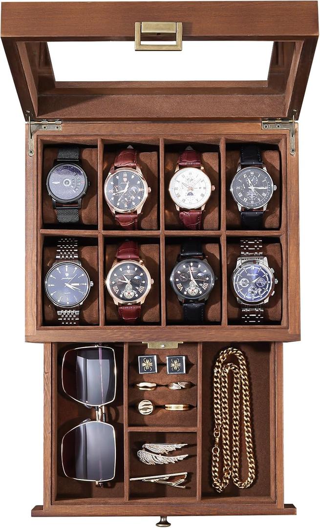 ProCase Wooden Watch Case, 8 Slot Mens Watch Box with Drawer, 2-Layer Mens Jewelry Box Storage Holder Organizer Display Case, Valentine Anniversary Birthday Gifts for Men Women -8 Slot, Brown