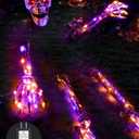 Halloween Decorations Outdoor Skeleton, Realistic Skull 5 Piece Set with 128 LED Lights Graveyard Bone, Glowing Stakes with Limbs for Yard Lawn Garden Party Decor (Orange & Purple)