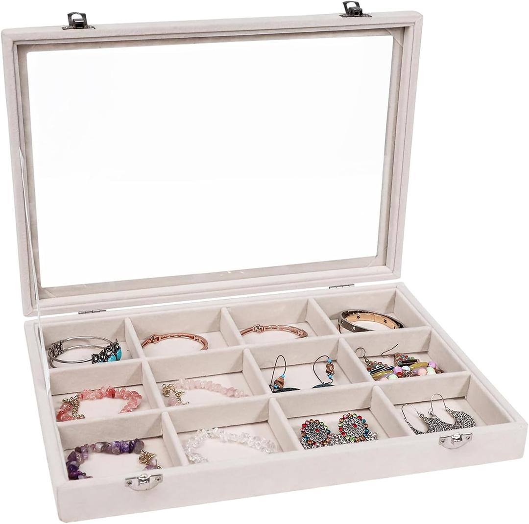 Stratalife Jewelry Organizer Bracelet Organizer Storage Box 12 Grid Stackable Jewelry Tray with Lid Velvet Jewelry Box for Drawer Necklace Bracelet Display Storage Organizer Box (Beige)