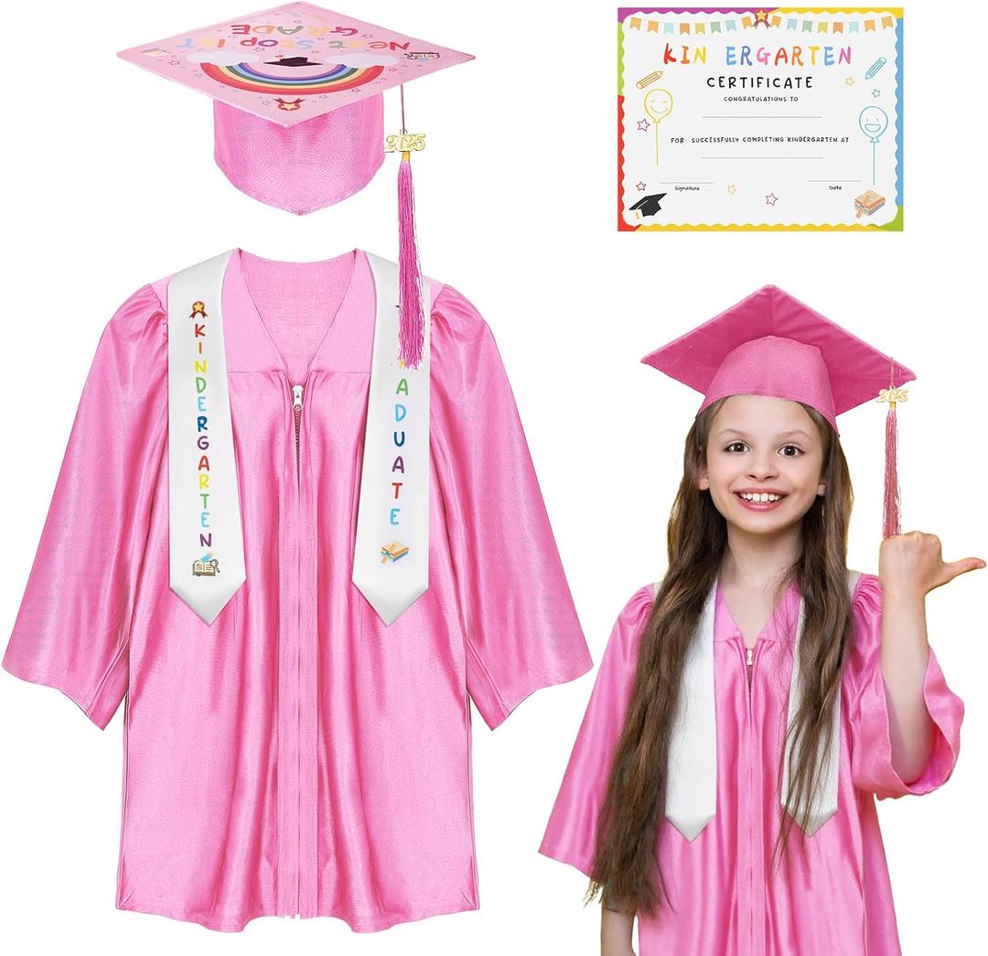 Kindergarten graduation cap and gown with 2026 Tassel, Certificate for Toddler Children (27"-33") (Pink, S)
