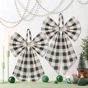 2 Pcs Olive Green Buffalo Plaid Christmas Wreath Bows 19.6'' x 11.8'' Large Christmas Tree Topper Ornament Wreath Sash for Front Door Xmas Party Yard Doorway Indoor Outdoor Wall Decoration