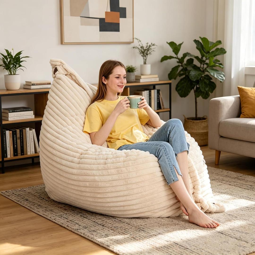 Pillow BeanBag Large Bean Bag Chair-Unique Peapod Bean Bag Sofa Design for Relaxing,Convertible Flat Bean Bags Cushion for Overnight Guests, Premium Lounge Chair-Cover-Stripe Fur-Beige, Cover 74.8*55.12''