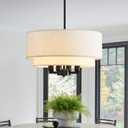 Farmhouse Pendant Light Fixtures, 15.7" Drum Chandeliers with 2-Layer Fabric Shade, 4-Light Hanging Lighting Fixture for Dining Room Kitchen Living Room