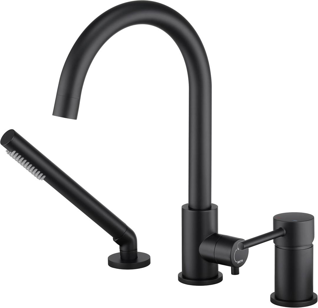 Deck Mount Tub Faucet Black with Sprayer High Flow Bathtub Faucets Brass Tub Filler Bathroom Faucets with Handeld Shower Mounted Roman