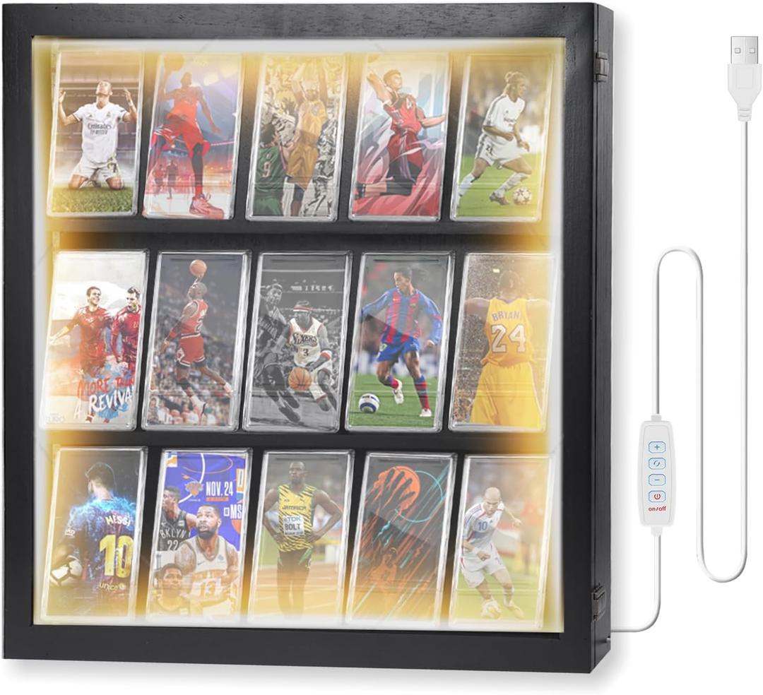 Sports Card Display Case With LED Light - PSA Graded, Football, Trading Wall Display - Adjustable Warm and Cold Lighting Settings