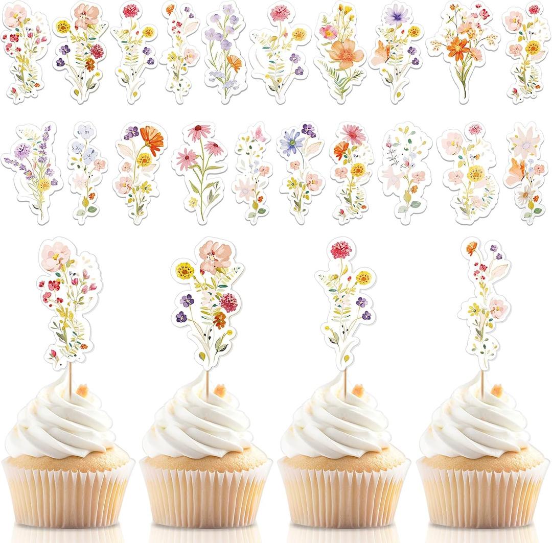 60 Pcs Baby in Bloom Cupcake Toppers Wildflower Baby Shower Decorations Flower Birthday Party Cake Toppers Floral Party Supplies