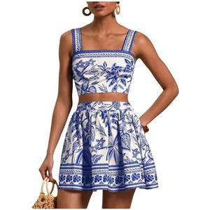 Floerns Women's Two Piece Outfit Tropical Crop Cami Top and Summer Skirts Set M