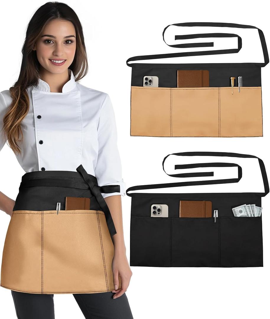 Slohif Reversible Server Apron 6 Pockets - Waist Apron for Waitress Women Half Serving Short Apron for Waiter