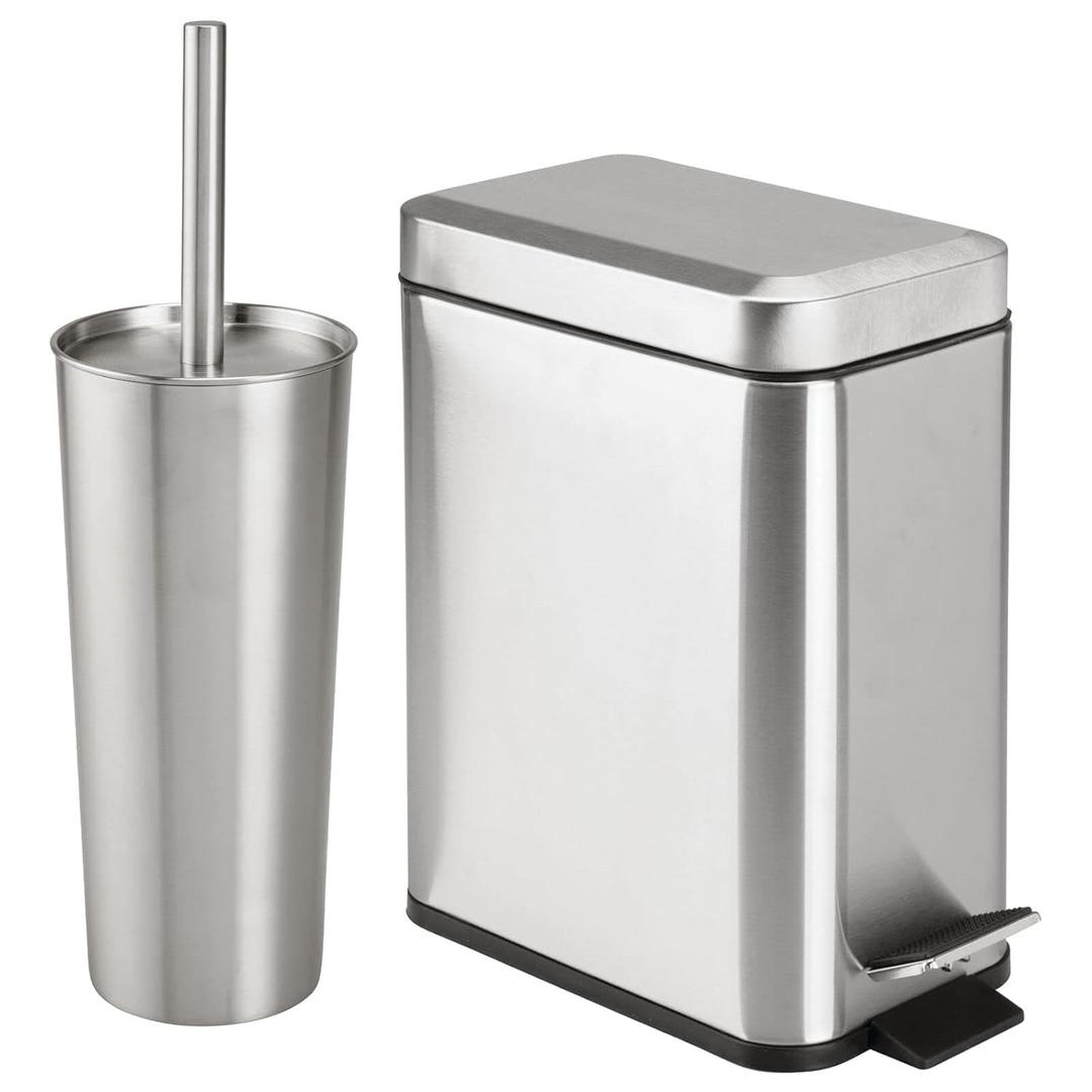 mDesign Metal Freestanding Slim Toilet Bowl Brush and Holder + Rectangle Narrow 5 Liter / 1.3 Gallon Step Pedal Trash Can Wastebasket for Bathroom - Small, Compact Design - Set of 2 - Brushed/Chrome (Stainless Steel)