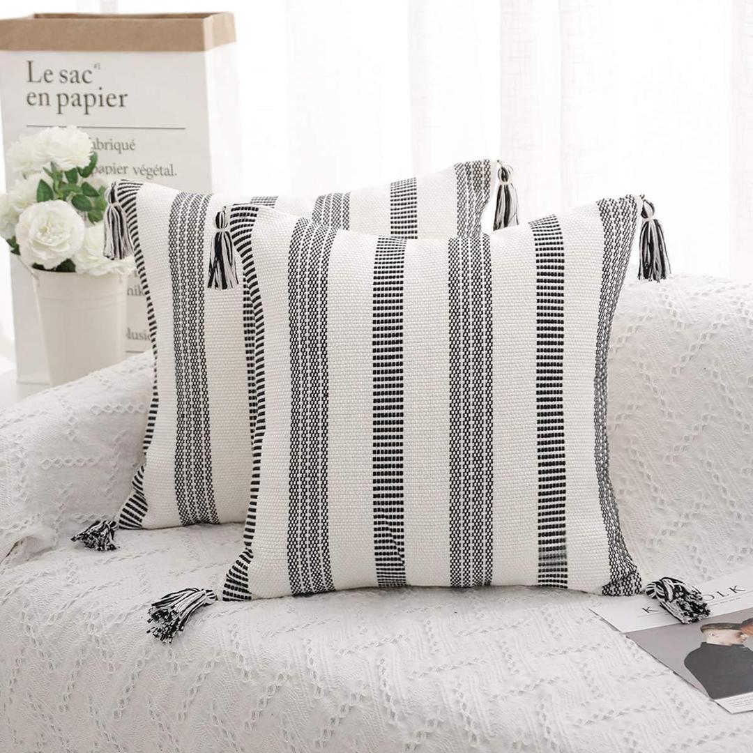 SEEKSEE Black White Stripes Decorative Square Throw Pillow Covers, Hand-Woven Throw Pillow Covers with Tassels, for Sofa, Bedroom, Living Room (Square 18 x 18 Inches,2pcs)