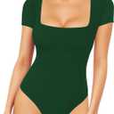 MANGOPOP Women's Square Neck Short Sleeve Long Sleeve Bodysuit Sexy Body Suits Shirt Slim Fitted Tops S