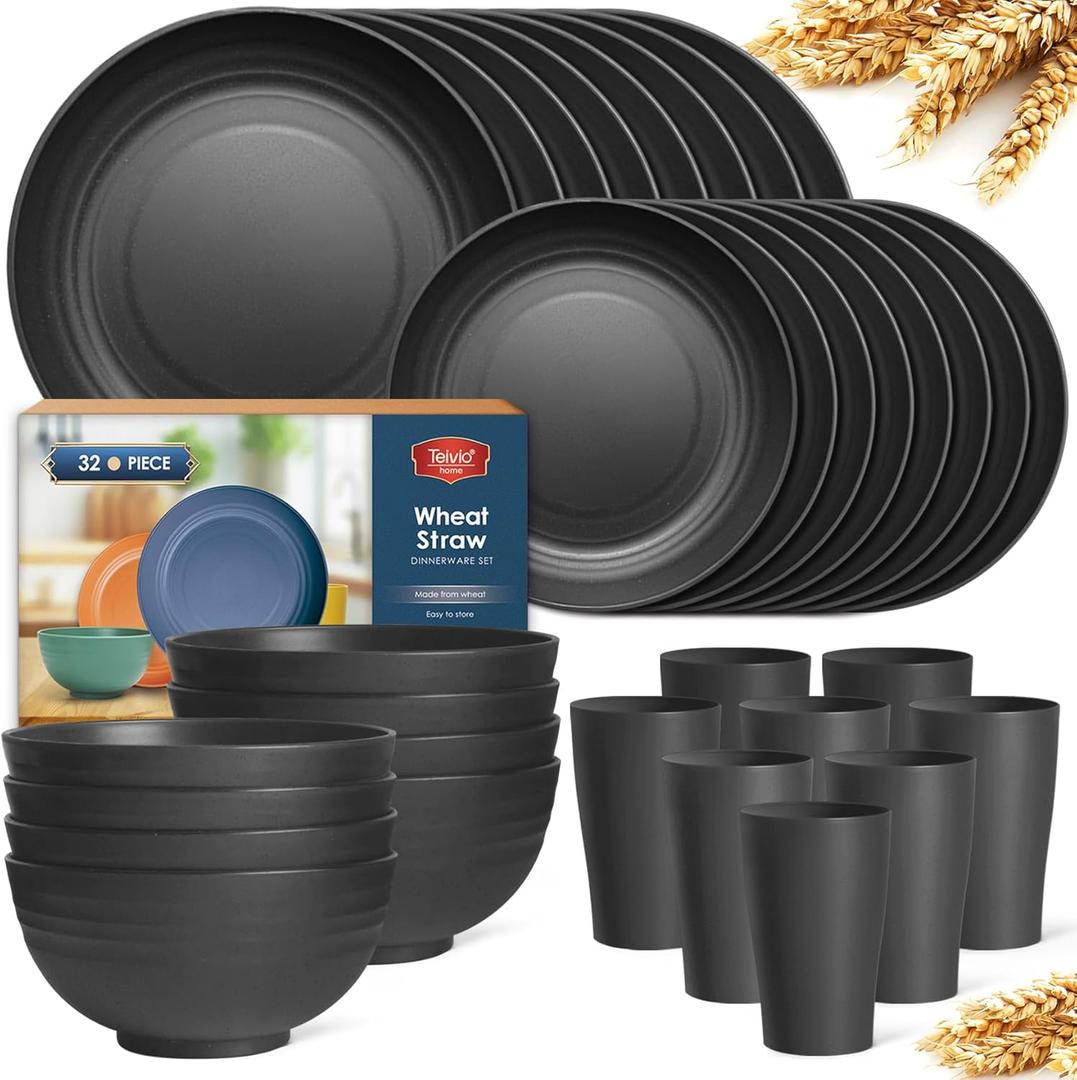 Teivio 32-Pieces Kitchen Plastic Wheat Straw Dinnerware Set, Service for 8, Unbreakable Modern Dish Set - Dinner Plate/Dessert Plate/Cereal Bowl/Cup, for Apartment Essentials, Outdoor Camping, Black