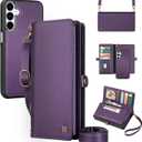 For Wallet Case Compatible with Samsumg Galaxy S24 Plus Multi-Function Detachable 2 in 1 Magnetic Phone Case Wallet,Flip Strap Zipper Card Holder Phone Case with Shoulder Straps (Purple)