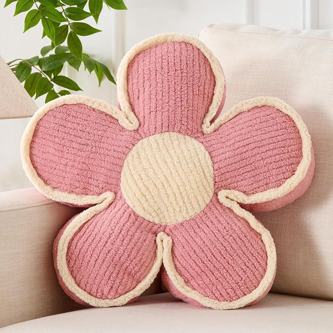 Flower Pillow Pink Flowers Shaped Cushion Decorative Daisy Pillow for Bed Couch Cute Throw Pillows (15.7 Inch)