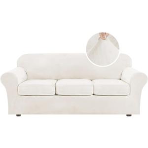 H.VERSAILTEX Modern Velvet Plush 4 Piece High Stretch Sofa Slipcover Sofa Cover Furniture Protector Form Fit Thick Velvet Sofa Cover for 3 Cushion Couch Width Up to 90 Inch (Sofa, Porcelain White)
