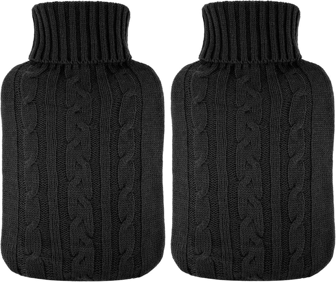 2 Pieces Hot Water Bottle Cover Soft Cover Only Knitted Hot Water Bottle Sweater for Winter Compress and Cold Therapy, Menstrual Cramps, Neck, Shoulder Pain Relief(Black)
