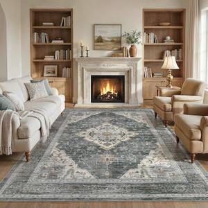 9x12 Rugs for Living Room, Washable Area Rug Pink Vintage Carpet for Bedroom Nursery Dining Room, Non-Slip Soft Thin Stain Resistant, Retro Floral Rugs for Girls