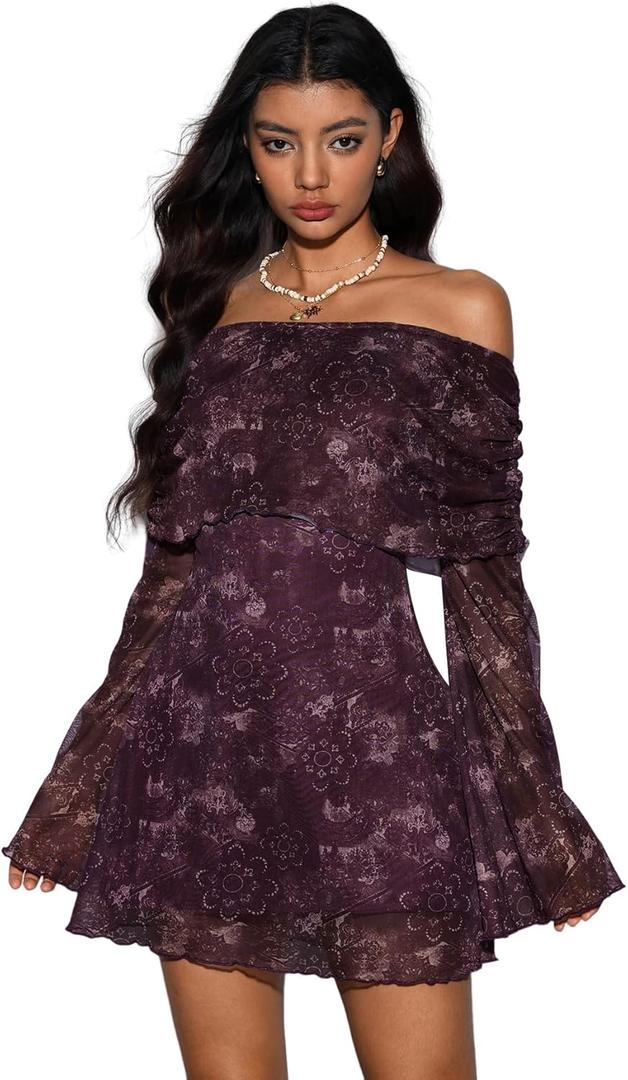 Verdusa Women's 70s Vintage Floral Off The Shoulder Dress Foldover Long Sleeve Bodycon Mini Dress (Large, Purple)