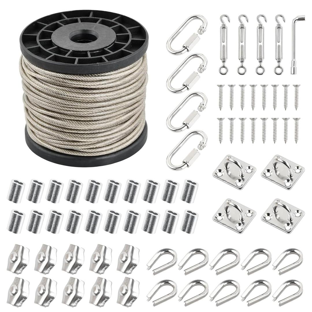 1/8" Stainless Steel Cable 304, Steel Wire Kit, 7x7 Strand Aircraft Wire Rope, 98Ft Coated Steel Cable With Turnbuckles, Crimping Loop, Accessories For String Light Hanging, Garden, Clothesline