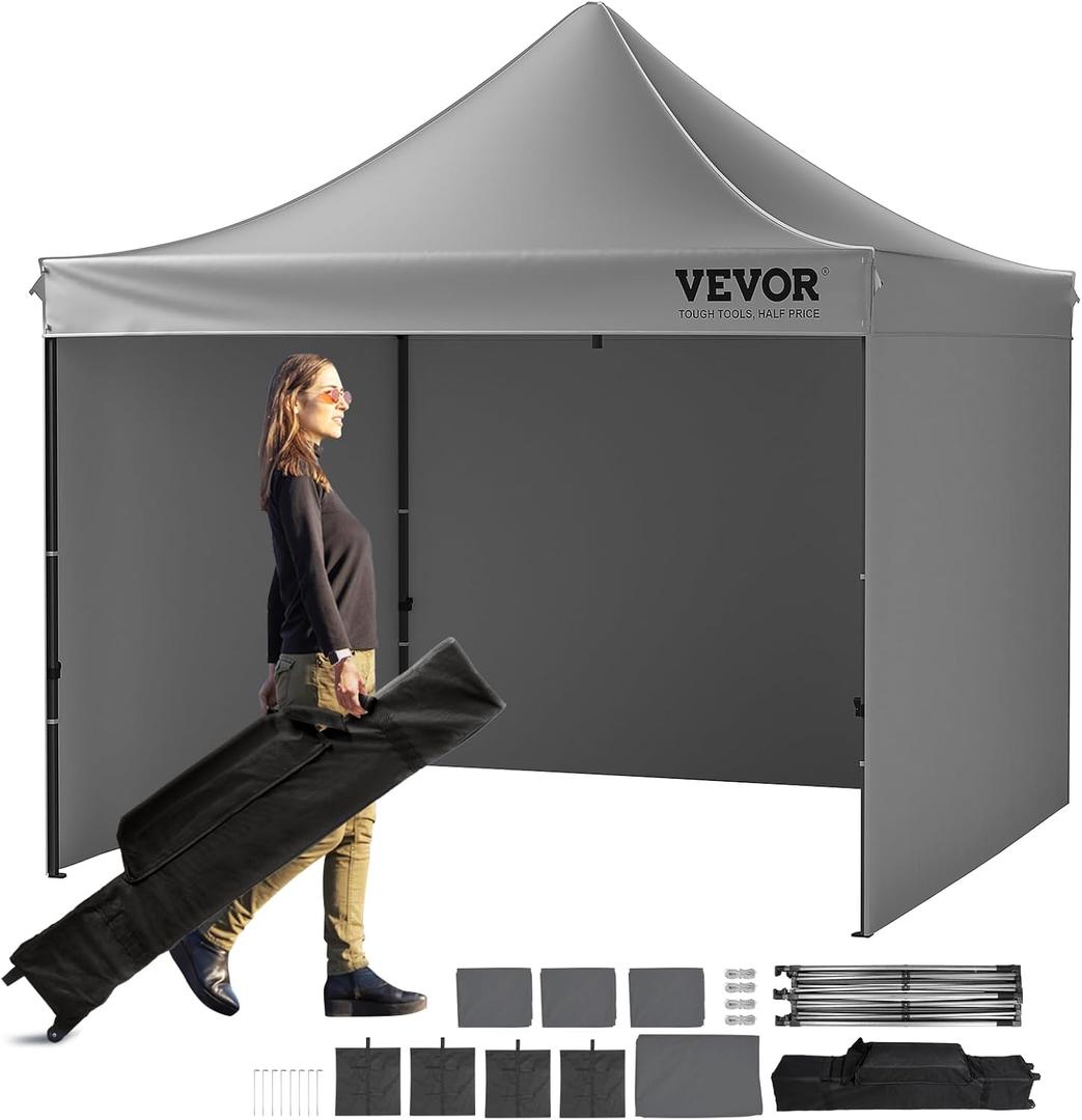 VEVOR 10x10 FT Pop up Canopy with Removable Sidewalls, Instant Canopies Portable Gazebo & Wheeled Bag, UV Resistant Waterproof, Enclosed Canopy Tent for Outdoor Events, Patio, Backyard, Party, Camping (Gray)