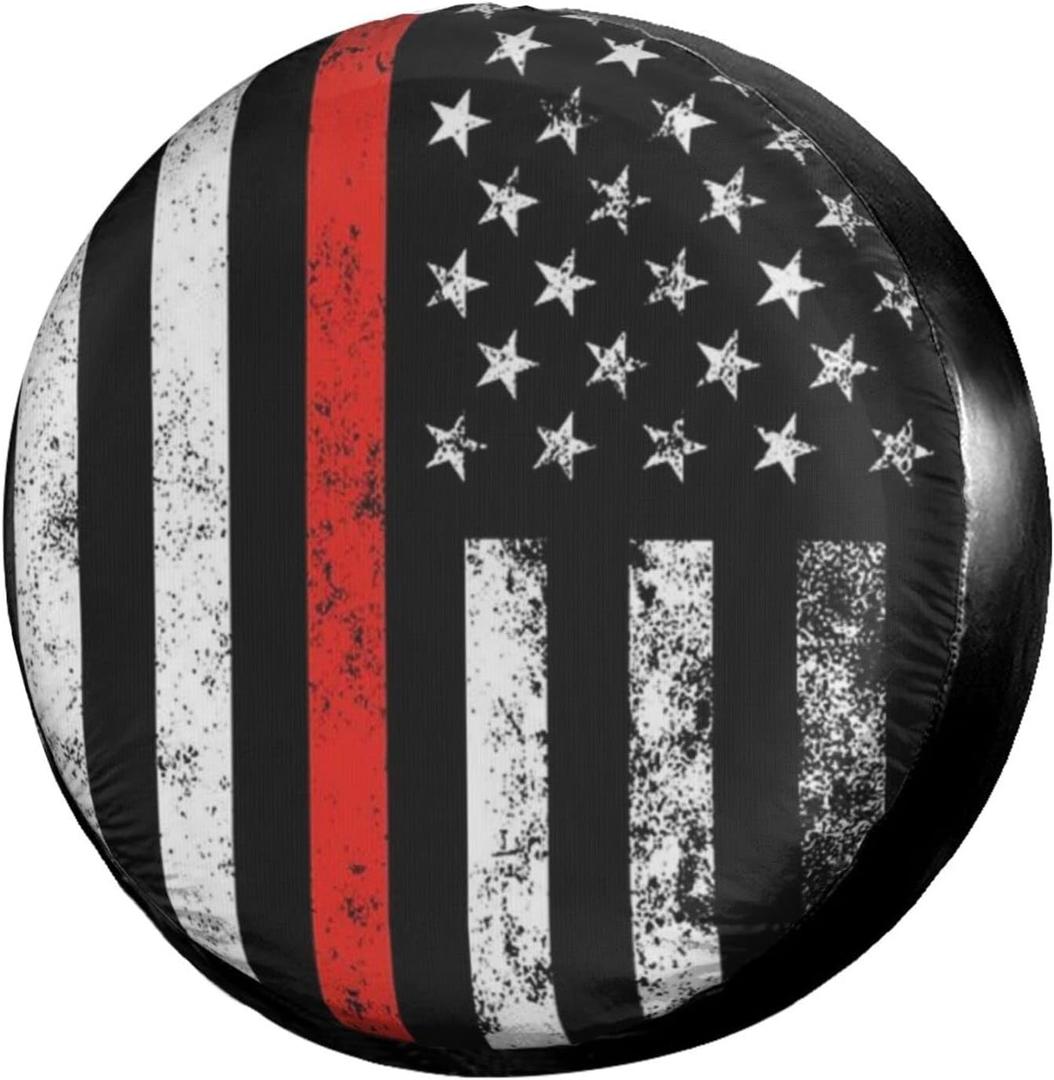 Foruidea USA Patriotic Firefighter Thin Red Line Flag Spare Tire Cover Dust-Proof Wheel Tire Cover Fit Trailer, RV, SUV and Many Vehicle (14, 15, 16, 17 Inch)