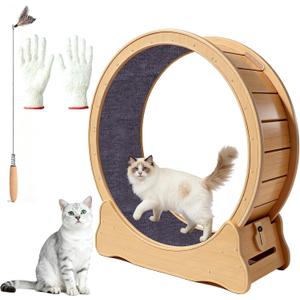 Cat Exercise Wheel Large - 35.4'' Wooden Treadmill for Indoor Cats with Low Noise, Safety Lock, Detachable Carpet & Eco-Friendly Design for Fitness, Weight Loss and Entertainment