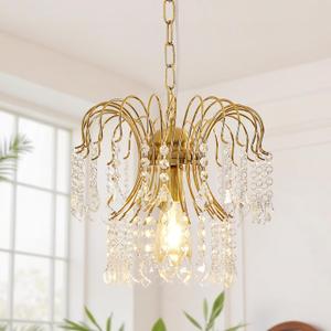 Gold Crystal Pendant Lights, 12 Inch Modern Chandelier Light Fixture, E26 Pendant Lighting Fixtures for Kitchen Island, Vintage Hanging Light for Dining Room Living Room Bedroom