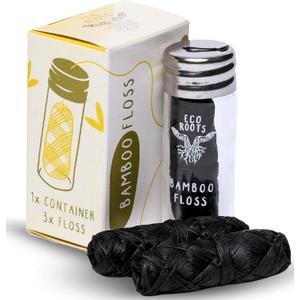 Natural Bamboo Dental Floss: 1 Refillable Glass Container + 3 Biodegradable Bamboo Floss Refill (33 Yards Each), Eco-Friendly, Vegan, Non-Toxic Natural Floss - Refillable Zero Waste Black Thick Floss