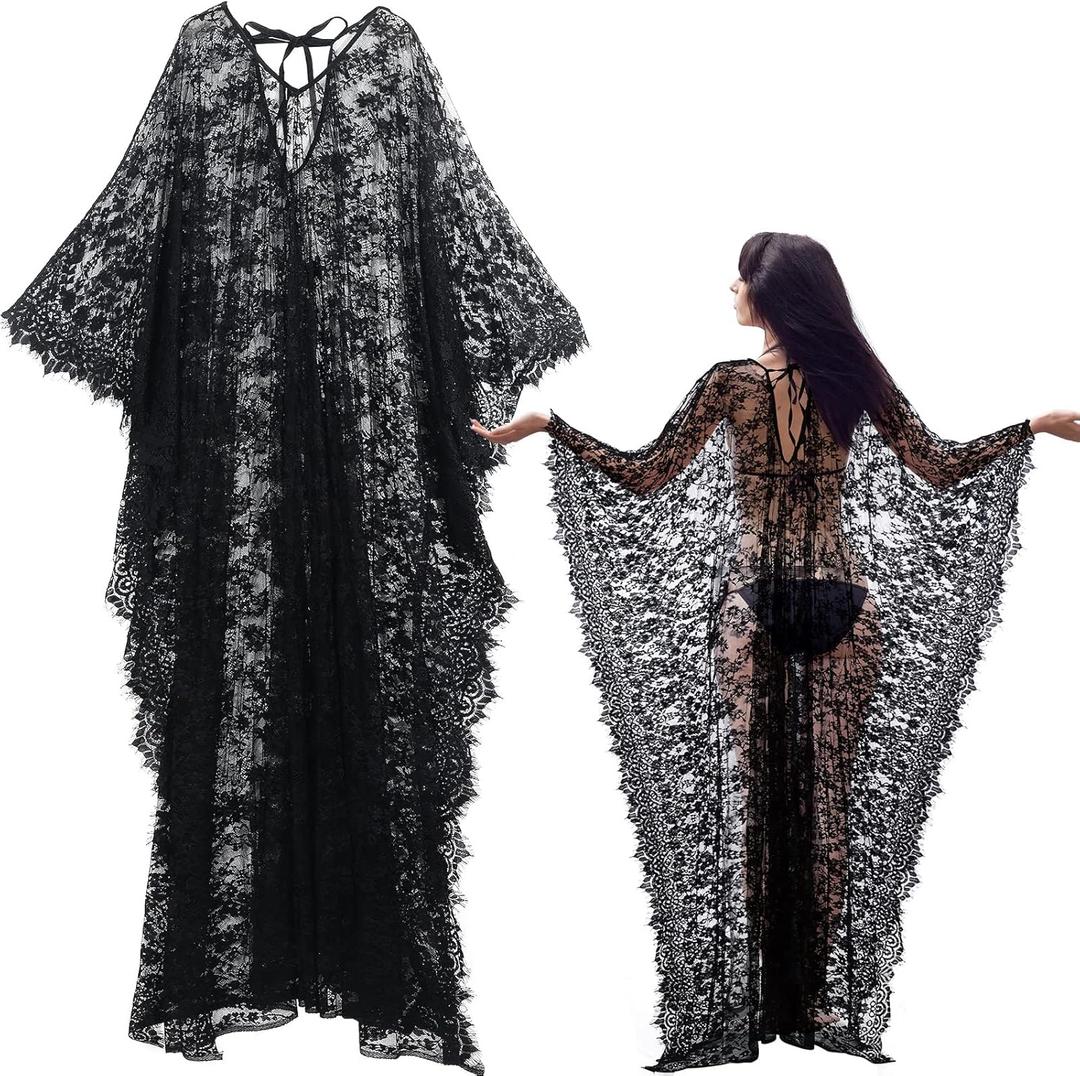 Mepase Boho Witch Lace Kimono Kaftan Dress Robe Bikini Swimsuit Beach Cover up for Women Maternity Halloween Vampire Costume (Black)