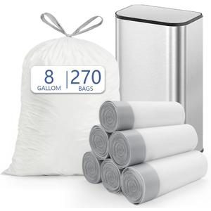 8 Gallon (30L) Trash Bags, Fits SONGMICS 8 Gallon Trash Cans, 6 Rolls 270 Counts Heavy Duty White Garbage Bags, PreSeparated Drawstring Trash Bags, Suitable for Kitchen, Bathroom, etc.