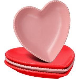 4 Set Heart Shaped Plates Ceramic Salad Cute Plate Set Steak Elegant Dinner Dish 6.9 Inch Dessert Tray Serving Dish Dessert Appetizer Snacks for Mother's Day Anniversary Wedding(Red and Pink)