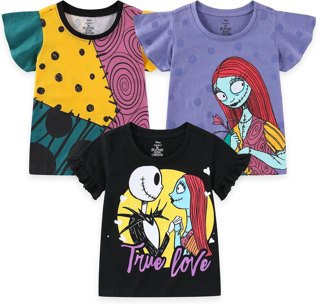 Disney Nightmare Before Christmas 3 Pack Short Sleeves Tee Shirt Set for Girls, Multicolor, Size 4T Purple