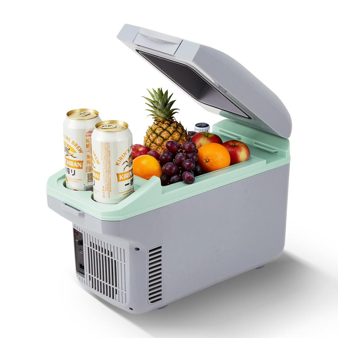 Garvee 8L Electric Cooler & Warmer, Portable Car Refrigerator with Auto-Lock Handle, 12V DC for Cars & Trucks, Equipped with 110V AC Household Power Cord, Plug-in Cooling Fridge, Gray&Green