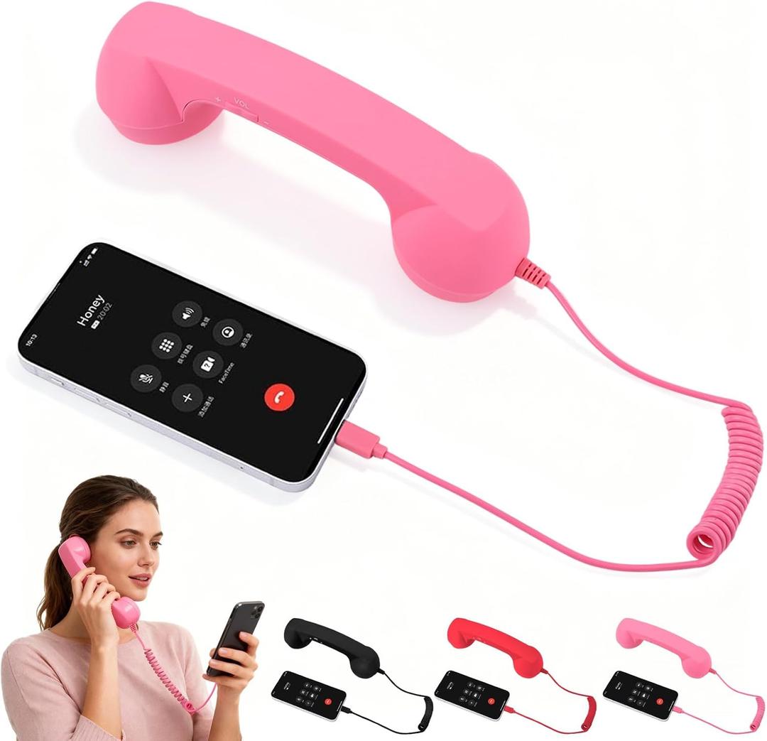 Retro Phone Handset for iPhone & Android, Cell Phone Receiver with Microphone & Speaker,Retro Phone Handset,Comfortable Retro Telephone Style Landline Handle Receiver Cell Mobile Phones (Pink)